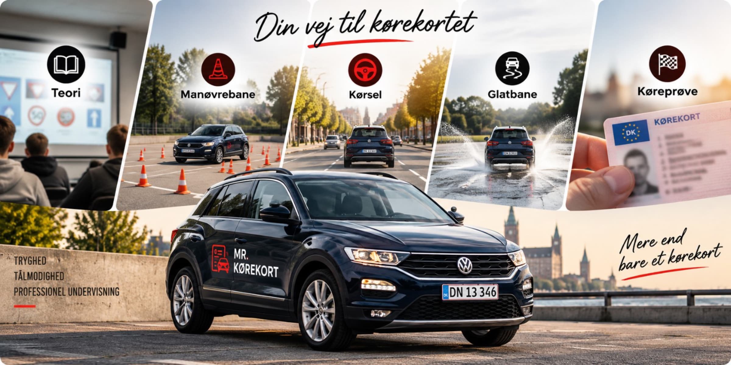 Mr. Kørekorts plakat Din vej til kørekortet: teori, manøvrebane, kørsel, glatbane og køreprøve, med skolevognen forrest.